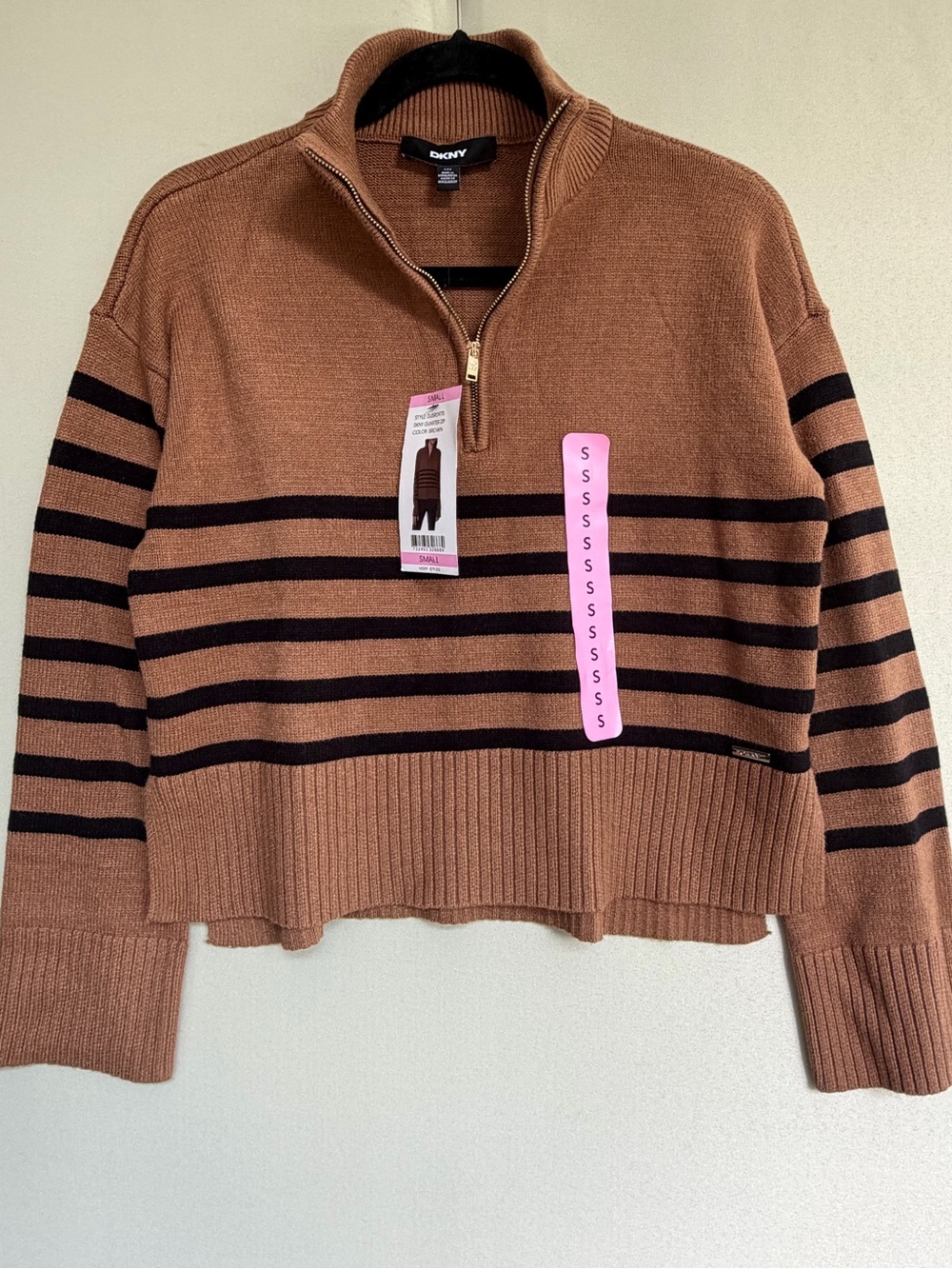 NEW Women's Brown Black Stripe DKNY Quarter Zip Sweater Size S - Picture 2 of 13